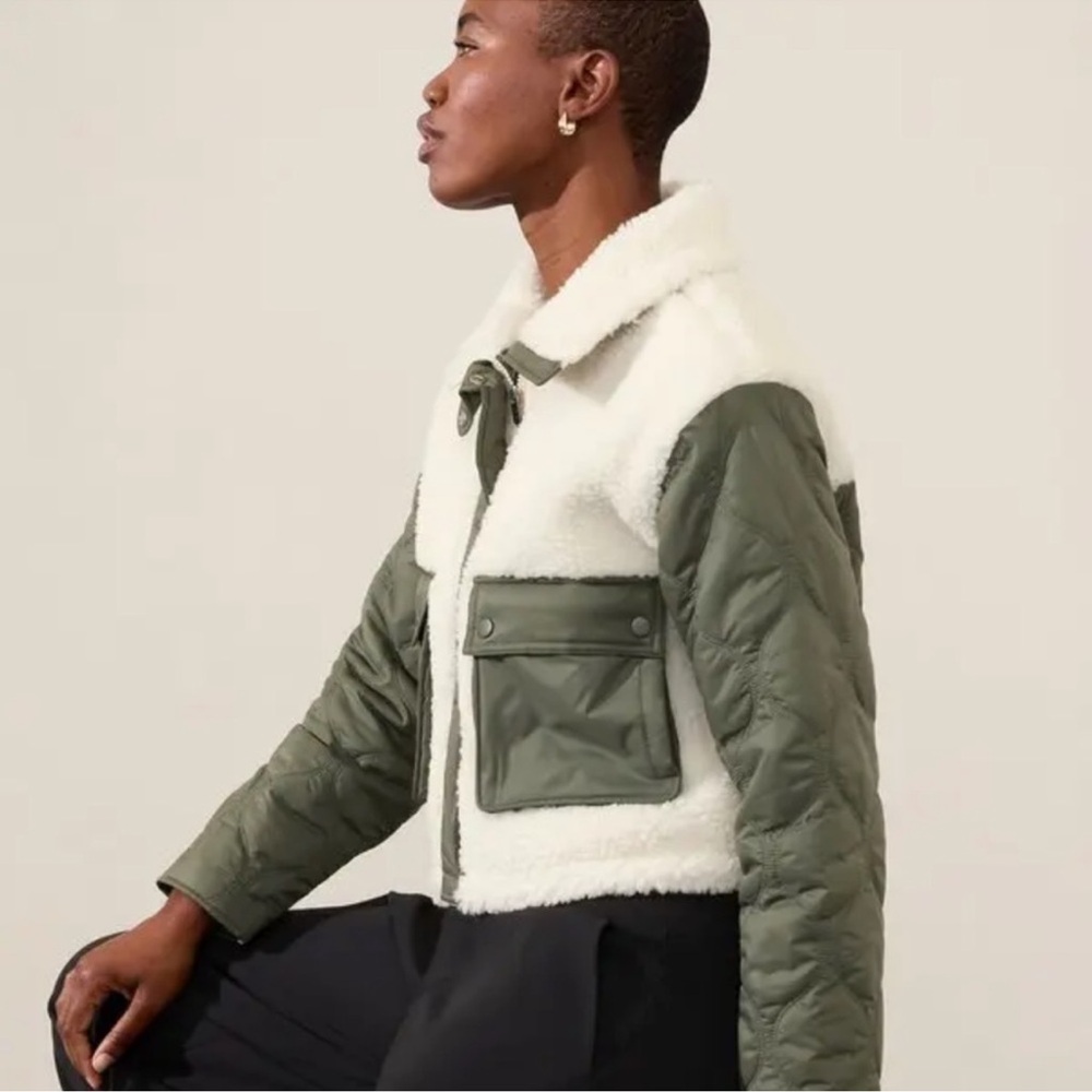 Athleta Olive and Cream Teddy Jacket